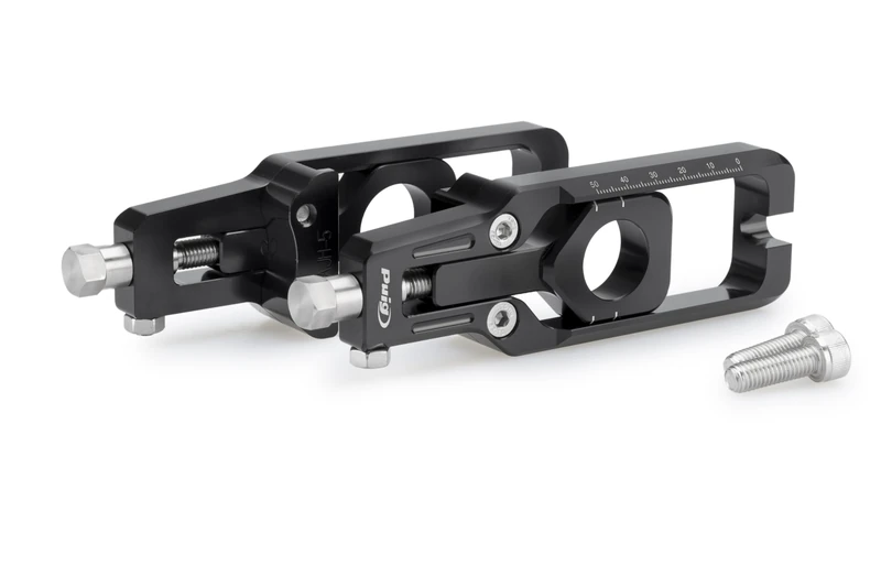 Puig 22204N Chain Tensioner; precise and sporty design; made of machined anodized aluminum; easy adjustment with visible markings; perfect aesthetic integration with swingarm, Black - Image 1