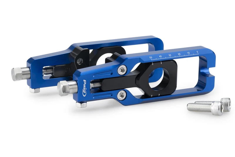 Puig 22204A Chain Tensioner; precise and sporty design; made of machined anodized aluminum; easy adjustment with visible markings; perfect aesthetic integration with swingarm, Blue - Image 1