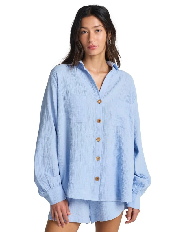 Billabong Women's Swell Blouse Button Down Shirt, Twilight Blue, L