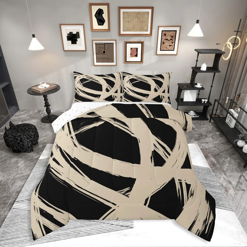 Beige and Black Abstarct Queen Comforter Set for Adult Women Men,Geometry Geometric Striped Bedding Set for Minimalists,Graffiti Aesthetic Lines Quilt,Contemporary Boho Modern Art Duvet Insert