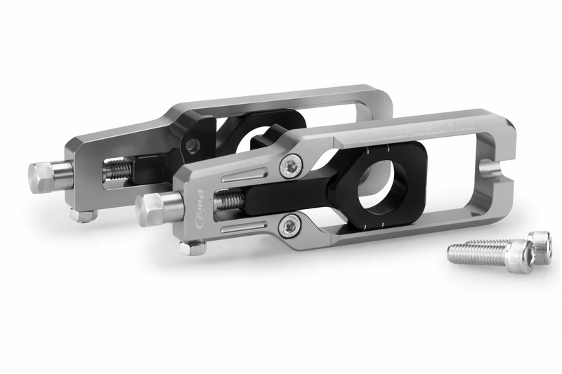 Puig 22204P Chain Tensioner; precise and sporty design; made of machined anodized aluminum; easy adjustment with visible markings; perfect aesthetic integration with swingarm, Silver