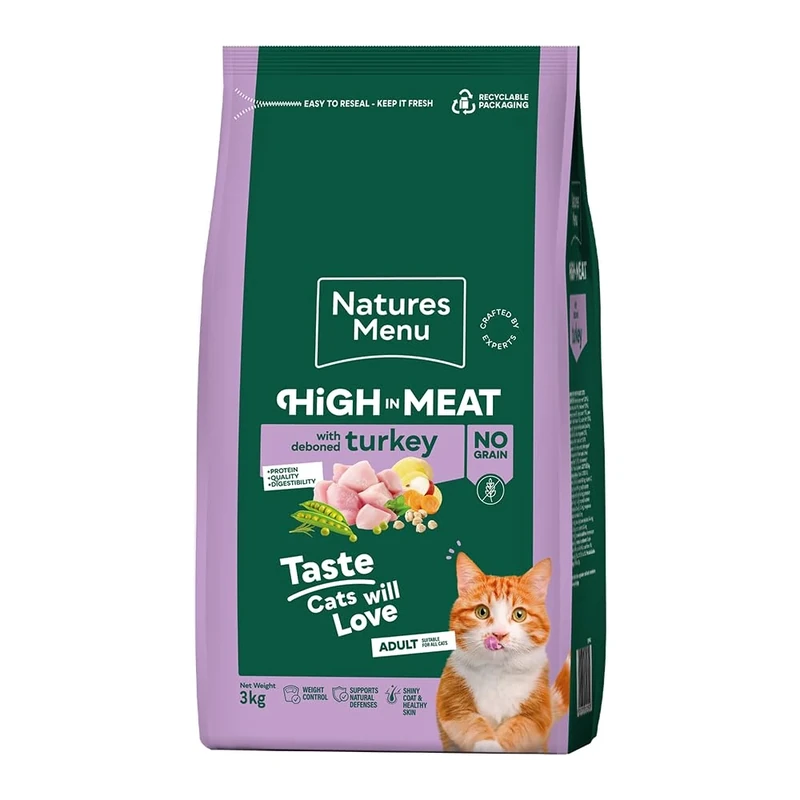 Natures Menu High in Meat - No Grain Dry Food for Adult Cats with Deboned Turkey - 3kg