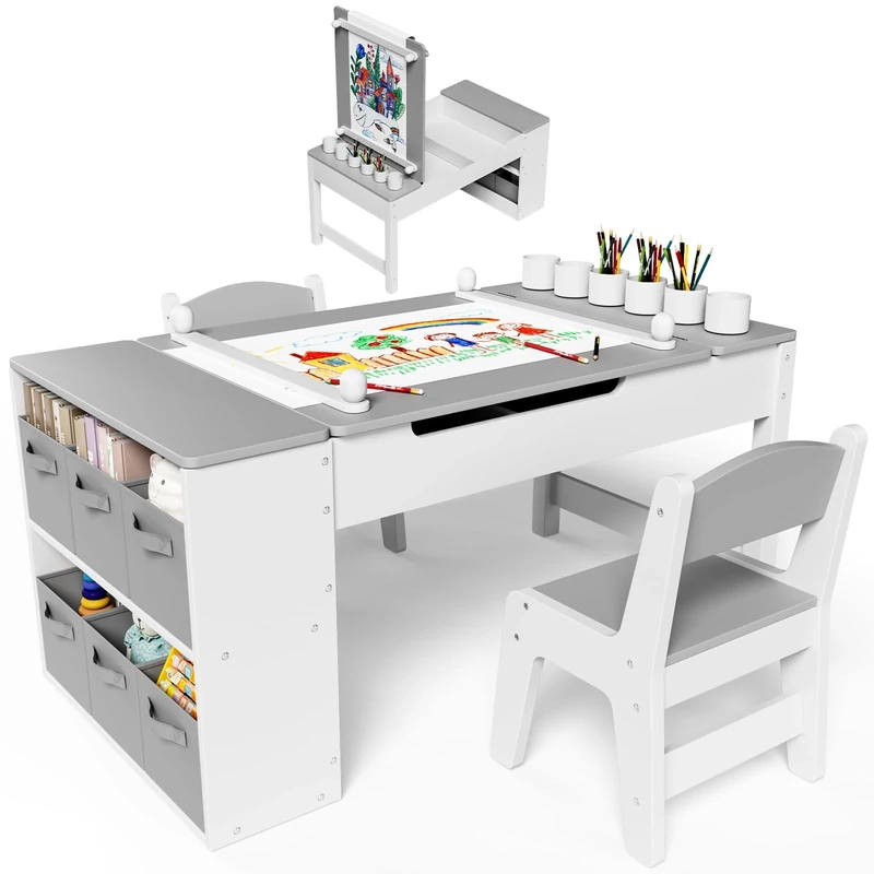 Clevich Kids Table and Chair Sets, Wooden Children Painting Table with 2 Chairs, 6 Storage Boxes, Paper Roll, Toddler DrawingTable and Chairs Set for Crafting, Writing and Learning