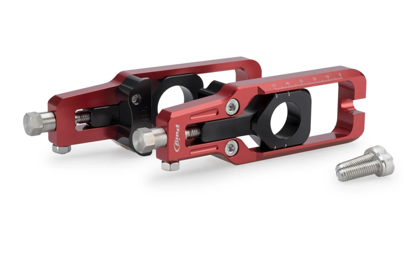 Puig 22204R Chain Tensioner; precise and sporty design; made of machined anodized aluminum; easy adjustment with visible markings; perfect aesthetic integration with swingarm, Red