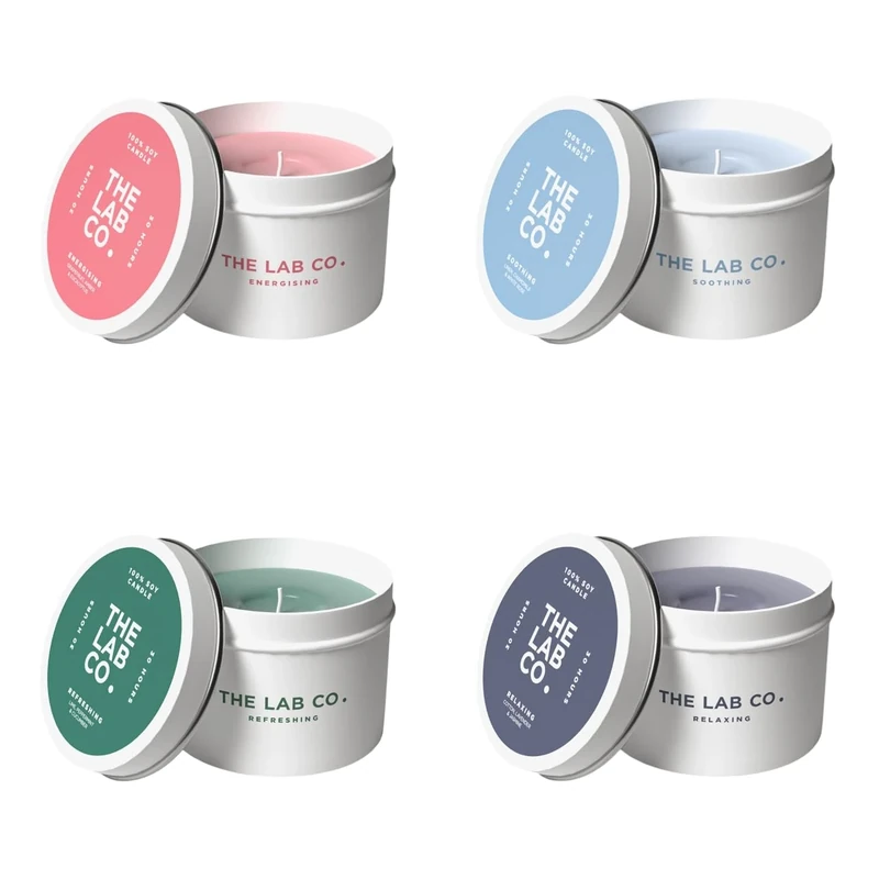 The Complete Fragrance Library of The Lab Co. Tinned Candles 4 x 180g. 30hrs Burn Time Each. Energising, Relaxing, Refreshing and Soothing Fragrances. 100% Vegan Soy Wax