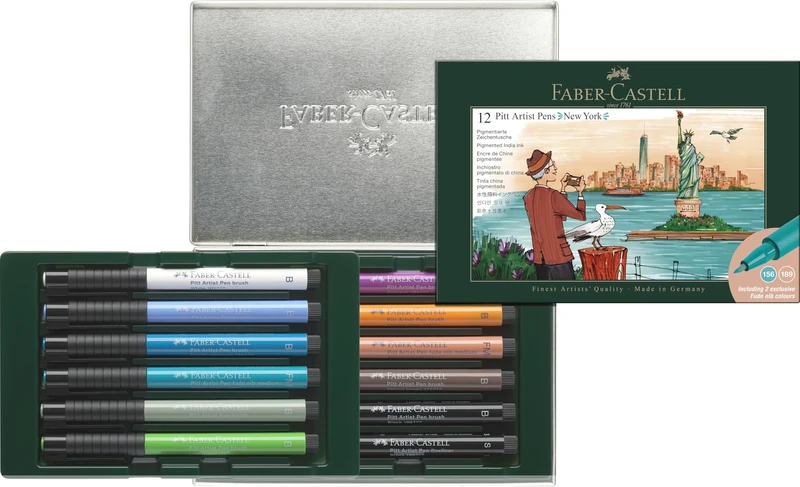 Faber-Castell PITT Artist Brush Pen City Gift Set, Box Of 12, New York, Multicoloured, Pigmented, Waterproof, Permanent Ink, Acid-Free, Drawing, Sketching, Art, Craft, Pens, Home, Office, Art Studio