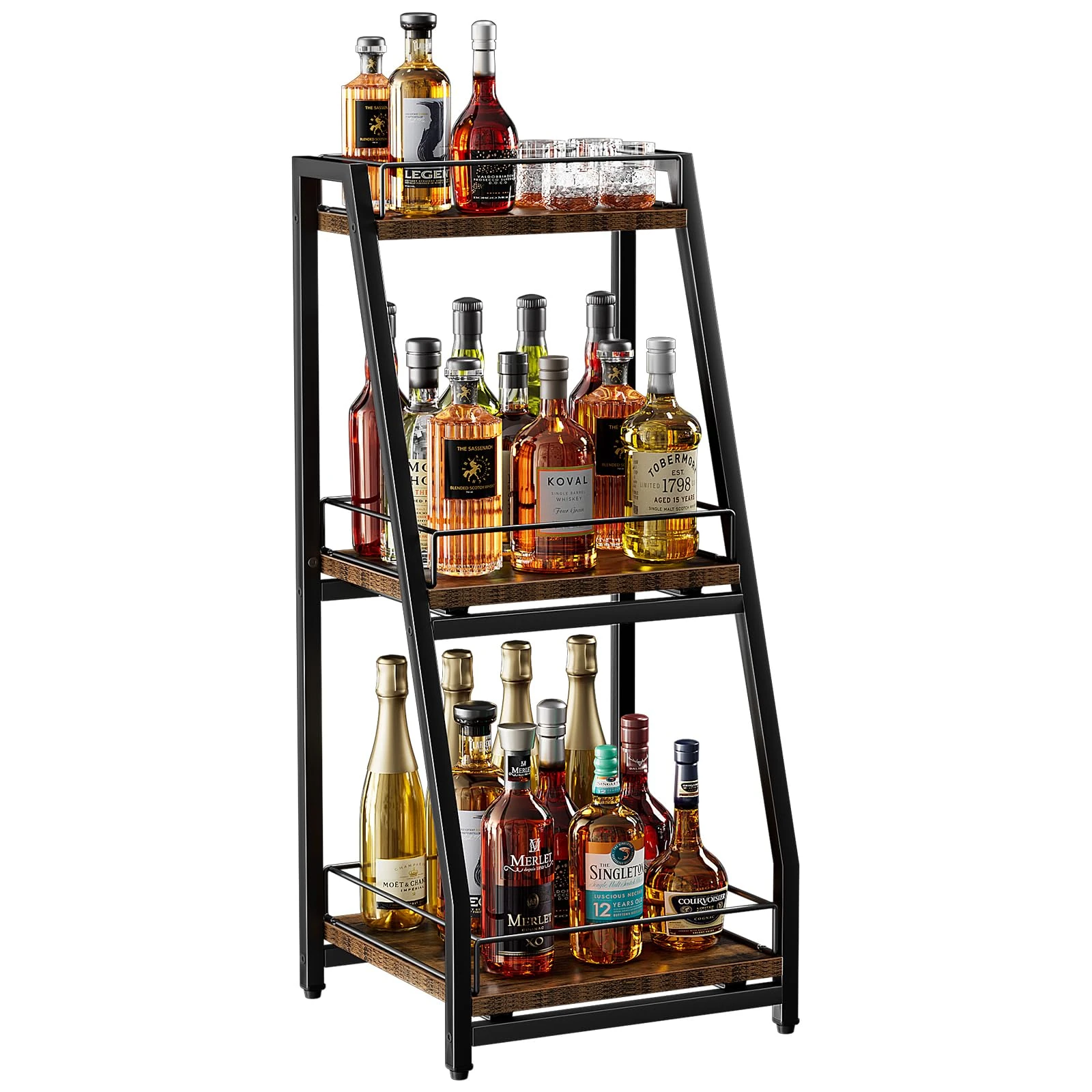 Nuovoware 3-Tier Stepped Liquor Cabinet Mini Bar, Wine Rack Freestanding Floor for Whiskey, Corner Liquor Bottle Display Shelf with Fences and Slide Drawer for Home Kitchen Dining Living Room, Black