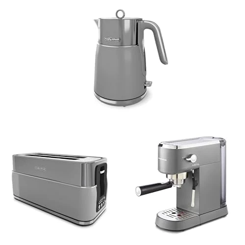Morphy Richards Signature Kettle, Toaster and Compact Espresso Machine Set, 1.5L Fast Boil Matte Finish Kettle, 2 Slot Variable Browning Toaster, Espresso Maker, Grey,100705 | 245705| 172026