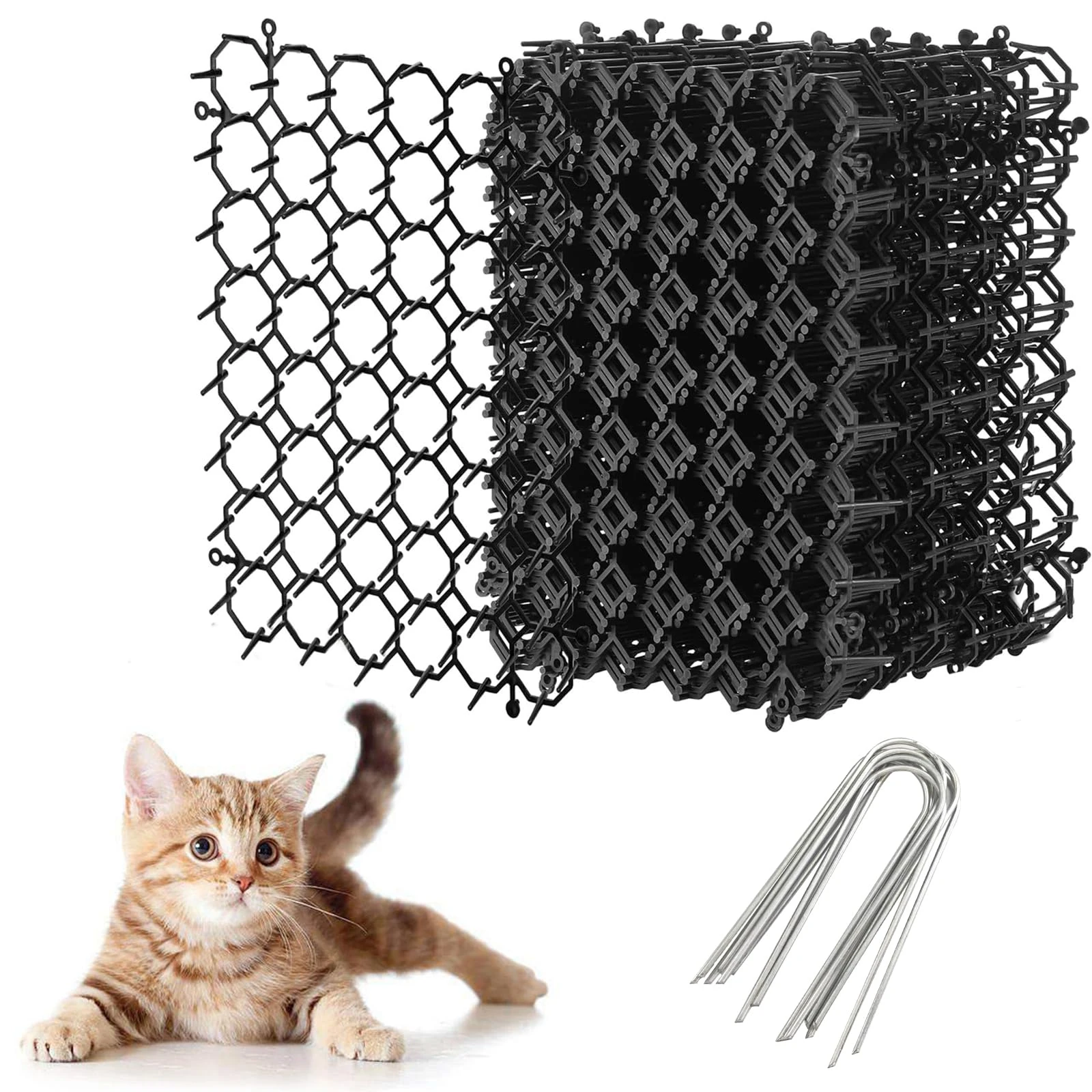 12Pcs Anti Cat Spikes - 15x20CM Black Plastic Cat Scat Mat with Spikes, Cat Repellent Mat Prickle Stirp Pet Deterrent Net with 8Pcs U-shaped Pegs for Garden, Fence, Indoor, Outdoor