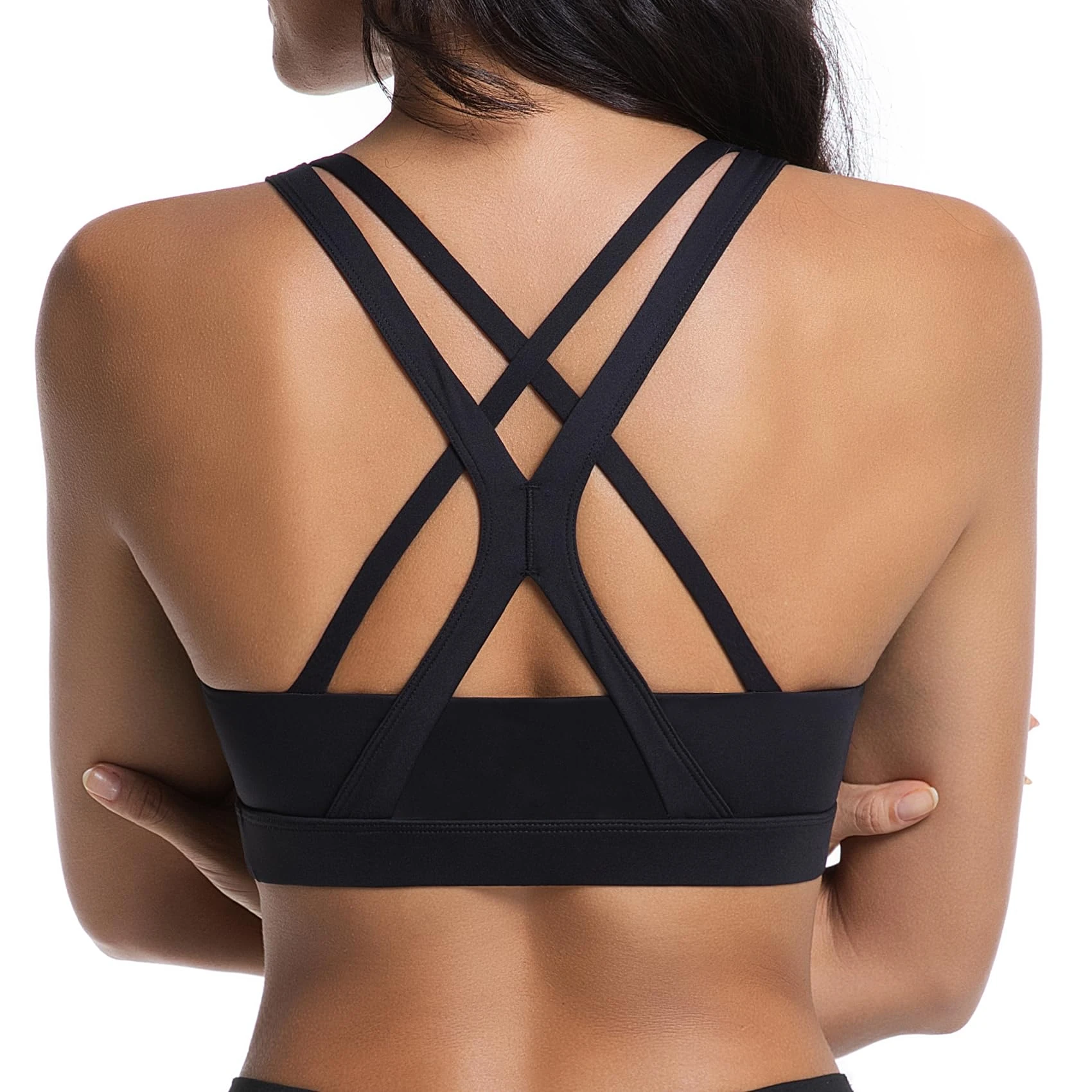 Sports Bra for Women Criss-Cross Back Padded Strappy Backless Sports Bras Medium Support Halter Yoga Bra with Removable Cups,Black,S
