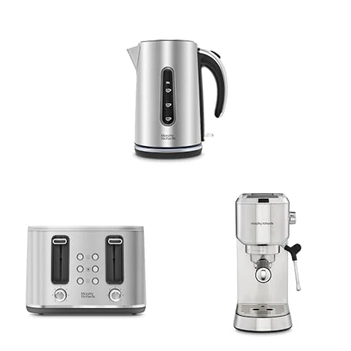 Morphy Richards Motive Kettle and Toaster, Stainless Steel & Compact Espresso Machine Stainless Steel Set, 1.7L 3KW Rapid Boil Kettle, 4 Slice Toaster, Dual Cup Espresso Maker, 102800 | 242800 |172022