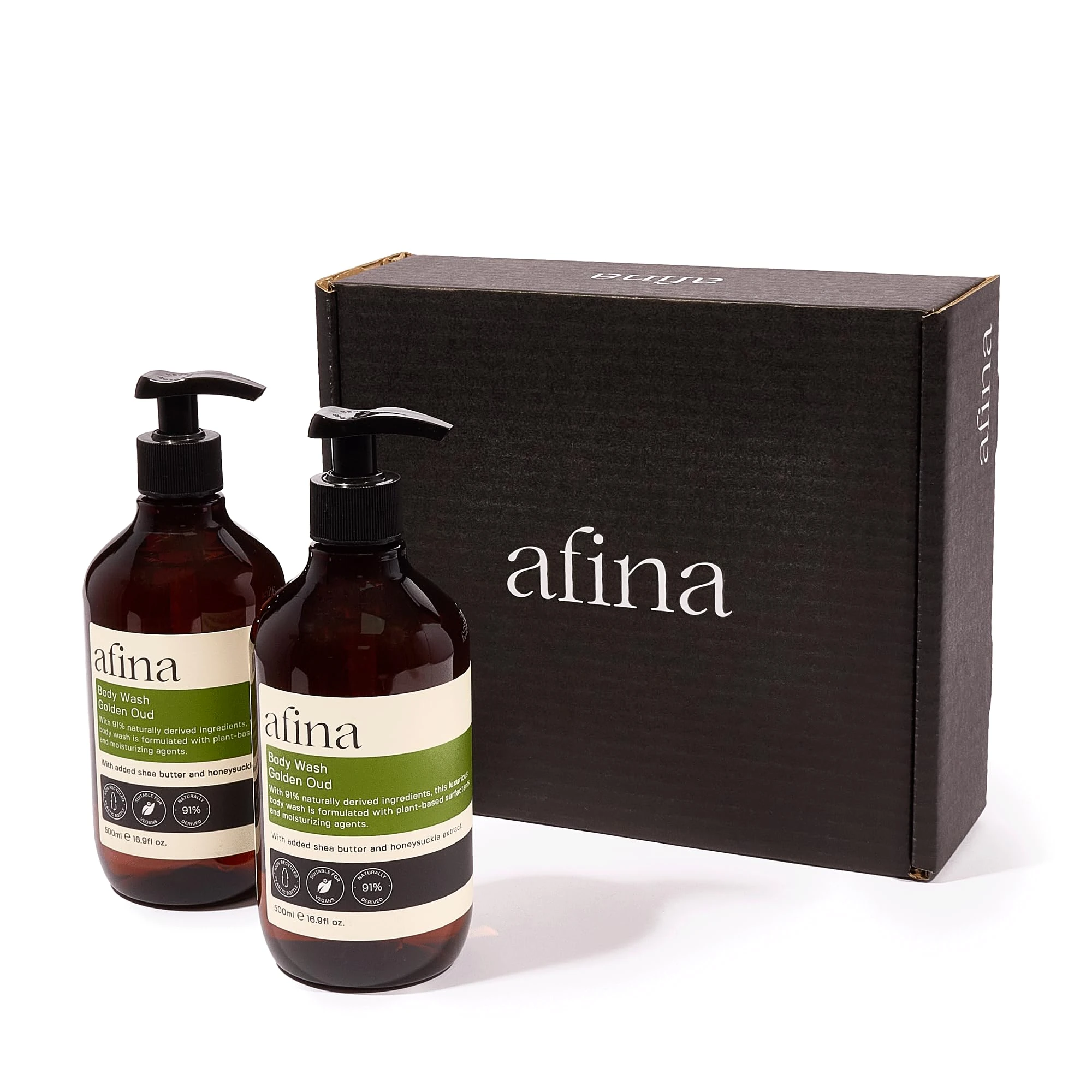 Afina Golden Oud Luxury Body Wash - 500mlx2 Shower Gel Bottle - Sensual Blend of Spicy, Creamy Floral Notes Backed With Warm Ambery & Woody Undertones - Vegan Friendly Body Wash - UK Produced