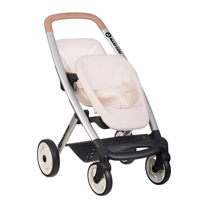 Smoby - Maxi-Cosi - Beige Twin Stroller - Imitation Toy - Walking 2 Dolls up to 42 Cms - Silent and Multi-directional Wheels - From 3 Years Old - Made in Spain