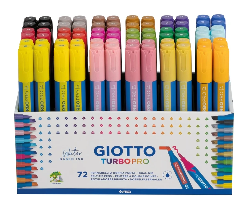 GIOTTO Turbo Pro Felt Tip Fibre Pens, Dual Tip, Assorted Colours, School Pack, 72 Pieces, For Children, Parties and Schools