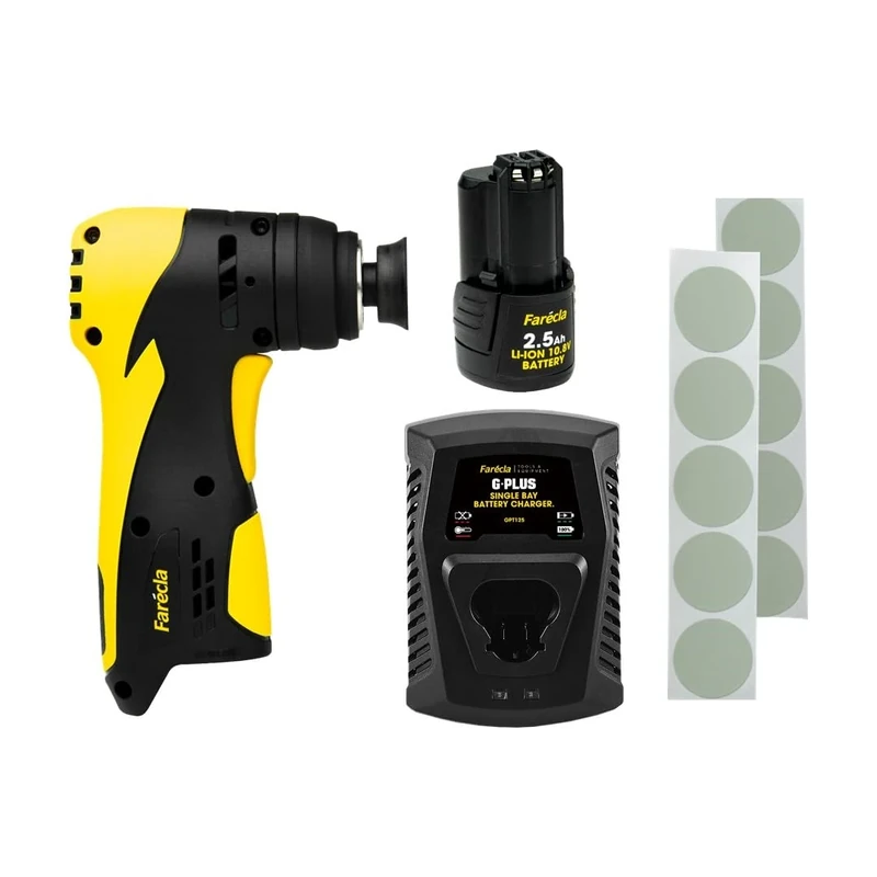 Farécla G Plus Denibber Tool Kit – Cordless 10.8V Mini Sander with 3mm Orbit, 31mm Backing Plate, Battery, Charger & 10 Abrasive Discs – for Smart Repair