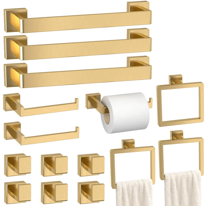 Bathroom Accessory Towel Bar Set: 15 Pieces Gold Bathroom Hardware Square SUS304 Stainless Steel - Wall Mounted Towel Rack&Toilet Paper Holder&Towel Ring and Towel Hook