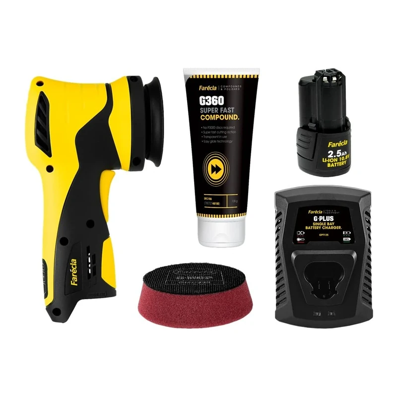 Farécla G Plus Rotary Mini Polisher Kit GPT025– Cordless 10.8V Rotary Tool with 74mm Plate, Battery, Charger, G Mop Pad & G360 Compound