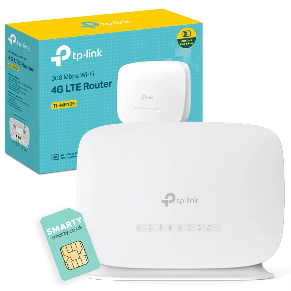 TP-Link TL-MR105 WiFi 4G Router with Free SIM Card, N300Mbps Wireless 4G Cat4 LTE Network, Ethernet Port, Mobile WiFi Router, External Antenna Ports, Plug & Play