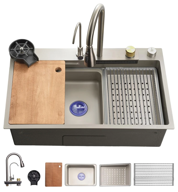 SereneLife Stainless Steel Kitchen Sink | Undermount & Drop-in Installation |13 Gauge & 30" L x 18" W x 9" H in | Includes Faucet, Drain Rack, Strainer Basket, Cutting Board & Cup Washer | Gray