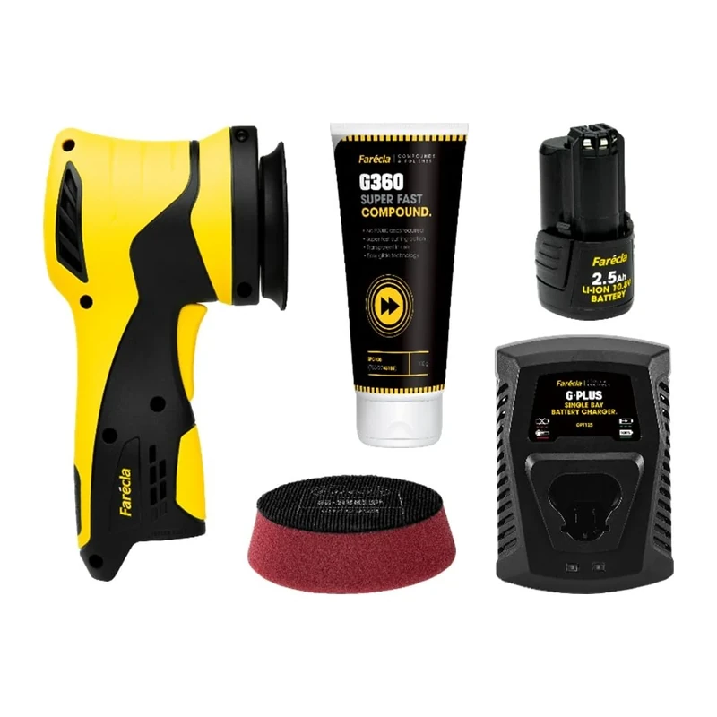 Farécla G Plus Dual Action Mini Polisher Kit – Cordless 10.8V DA Tool with 12mm Throw, Ø74mm Plate, Battery, Charger, G Mop Pad & G360 Compound