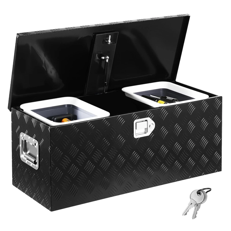 VEVOR Heavy Duty Aluminum Truck Bed Tool Box, Stripes Plated Tool Box with Sliding Shelf, Side Handle, Lock & Keys, Storage Toolbox Chest for Trailer, Pickup, 35.4"x14.6"x14.6"(899x370x370mm), Black