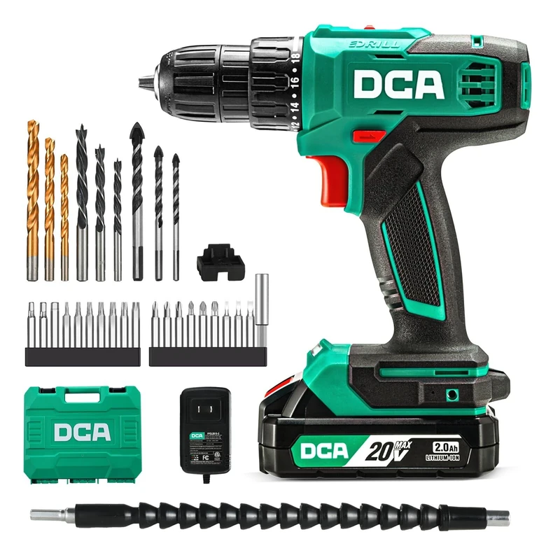 DCA Cordless Drill Set, 40 N.m Torque, 10mm Keyless Chuck, Electric Power Drill with 2.0Ah Battery and Charger,18+1 Position,35-Piece 20V Drill Driver Kit, ADJZ2035