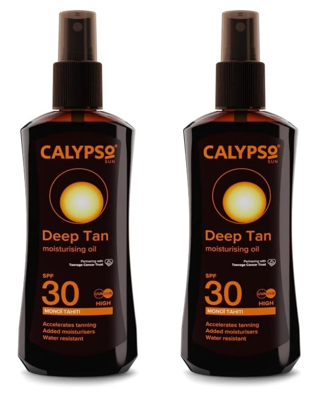 Calypso Deep Tanning Oil Spray SPF 30 – 2×200ml | Monoi de Tahiti Tanning Accelerator for Fast Golden Glow | Water-Resistant, Non-Greasy, Hypoallergenic Sun Tan Enhancer for All Skin Types