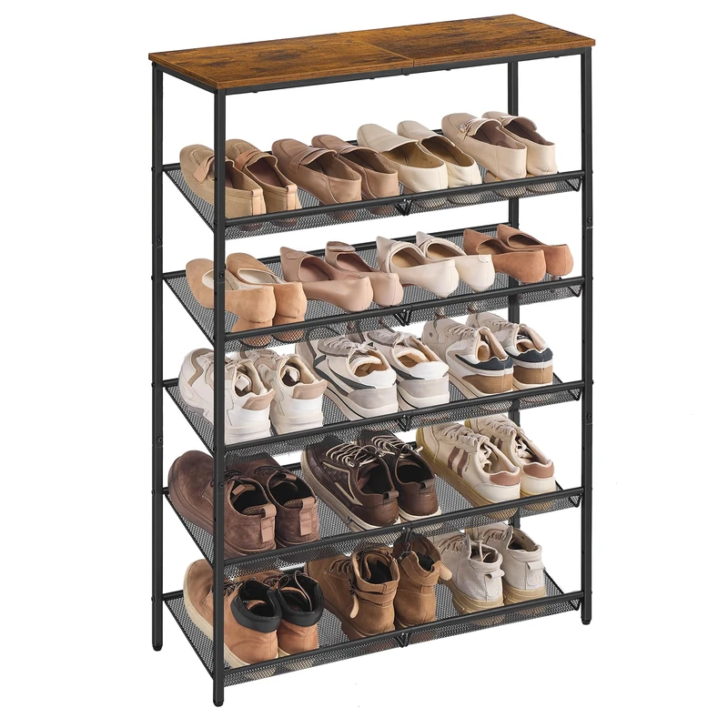 VASAGLE Shoe Rack 6 Tier Large Surface Adjustable Mesh Shelves Space Saving for Entryway Hallway Metal Industrial Style Vintage Brown Ink Black LBS044KD01