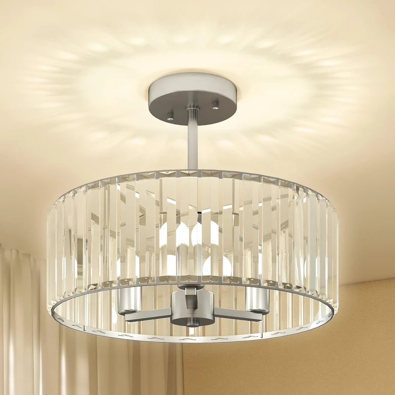 HOMCOM Crystal Ceiling Light Fixture, Semi Flush Mount Modern Crystal Chandelier Ceiling Light for Living Room, Bedroom, Hallway, Dining Room, E14 Base 3-Lights, Bulbs Not Included, Silver Tone