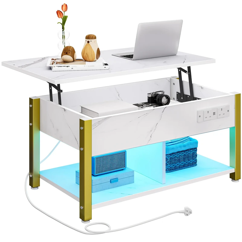 YITAHOME Lift-Top Coffee Table, Easy Adjustable Height with Hidden Storage, Rectangular Coffee Table with 2-Tier Storage, Power Outlets, Multi-Color LED Lighting for Living Room, White Marble