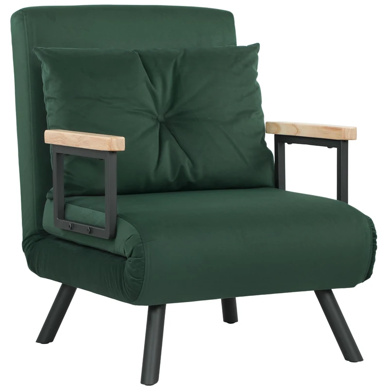 HOMCOM Single Chair Bed, Click Clack Convertible Bed Settee, Modern Velvet Feel Fabric Chair Couch with 1 Tufted Cushion, Wood Armrests, for Living Room, Bedroom, Guest Room, Green