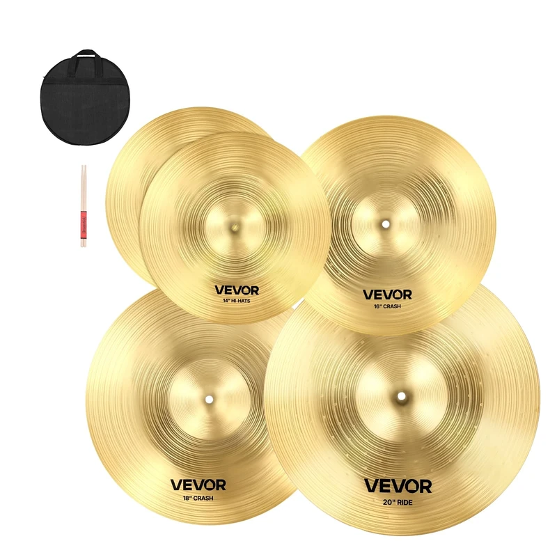 VEVOR Cymbal Pack, 4 Pieces Cymbals for Drum Set, Alloy Cymbals Drum Set Includes 14-inch Hi-Hats, 16-inch Crash, 18-inch Crash, 20-inch Ride, Drumsticks & Cymbal Bag, Pack for Drummer