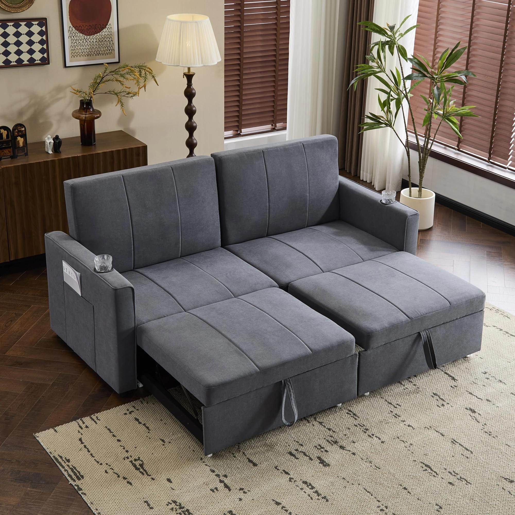 RIAZOS 207cm King Size Independent Pull Out Sofa Bed, Convertible Fabric Sofa Chair with Cup Holders, Side Pockets, Fabric Loveseat Couch Chaise Lounge for Living Room, Apartment, Gray