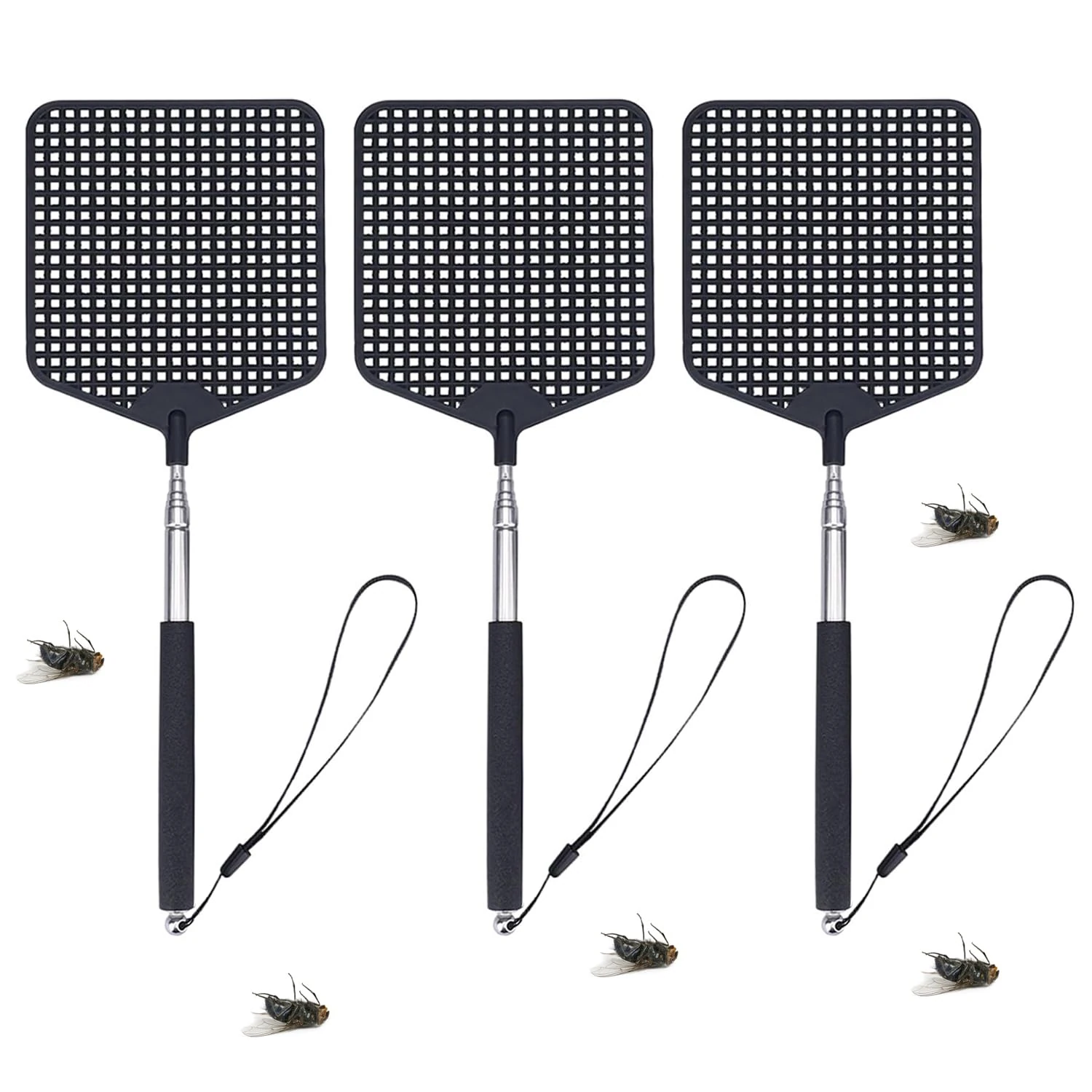 Maykafay Fly Swatter Pack of 3 Extendable Fly Swatters Plastic for Indoor and Outdoor Mosquito Wasp Pest Control With Long Handle Fly Swatters, Black