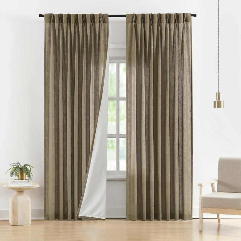Vision Home Brown Pinch Pleated Semi Sheer Curtains with Lined 95 inch Textured Linen Blended Light Filtering Pleat Drapes for Living Room Bedroom Back Tabs with Hooks 2 Panels 40" Wx95 L