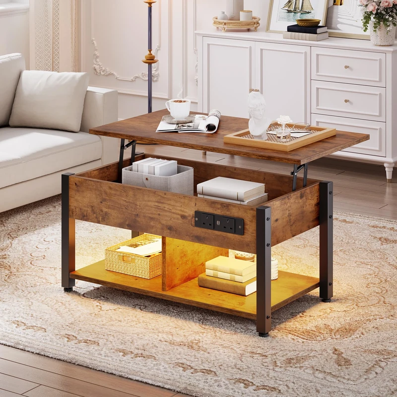 YITAHOME Lift-Top Coffee Table, Easy Adjustable Height with Hidden Storage, Rectangular Coffee Table with 2-Tier Storage, Power Outlets, Multi-Color LED Lighting for Living Room, Rustic Brown