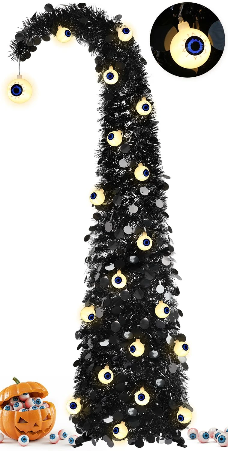 MACTING Whimsical Halloween Tree with Eyeball String Lights 5FT Black Pop Up Christmas Tree with 30 Eyeball Lights Collapsible Tinsel Pencil Curved Tree for Apartment Porch Indoor Outdoor Xmas Decor