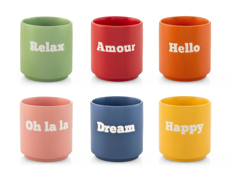 H&H Set of 12 Coffee, Tea, Cappuccino Vibes Glasses - New Bone China, Assorted Colours, 200cc - Dishwasher & Microwave Safe