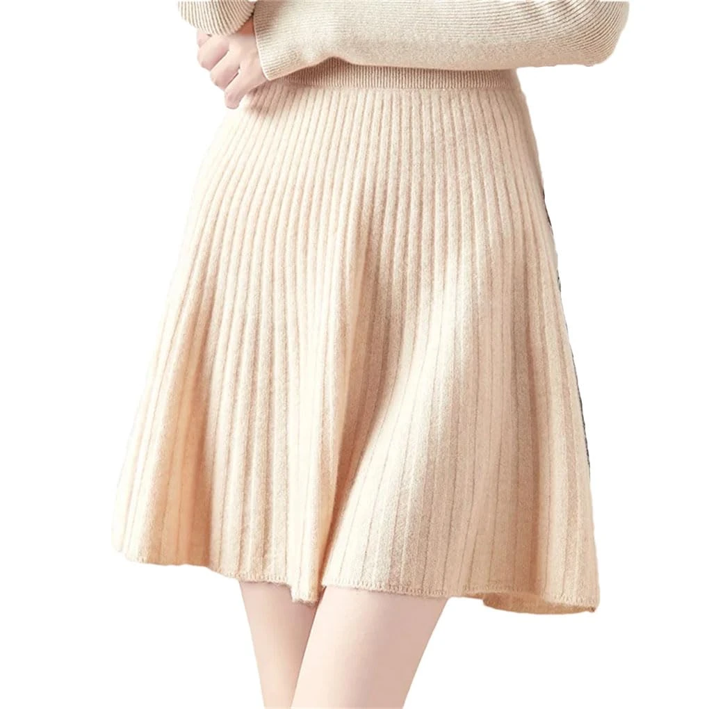 Women's Knitted Pleated Skirts A-LINE Elastic Waist Solid Color Mini Casual Skirt Beige XL