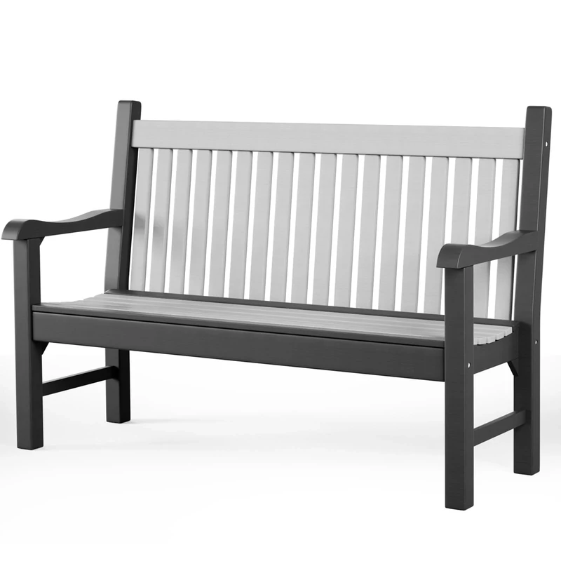 INVOKER Garden Bench, 2/3 Seat Weatherproof Outdoor Garden Bench, Outdoor Patio Seating, All-Weather Poly Lumber Outdoor Furniture Leisure Porch Seating for Balcony, Deck and Poolside, White & Grey