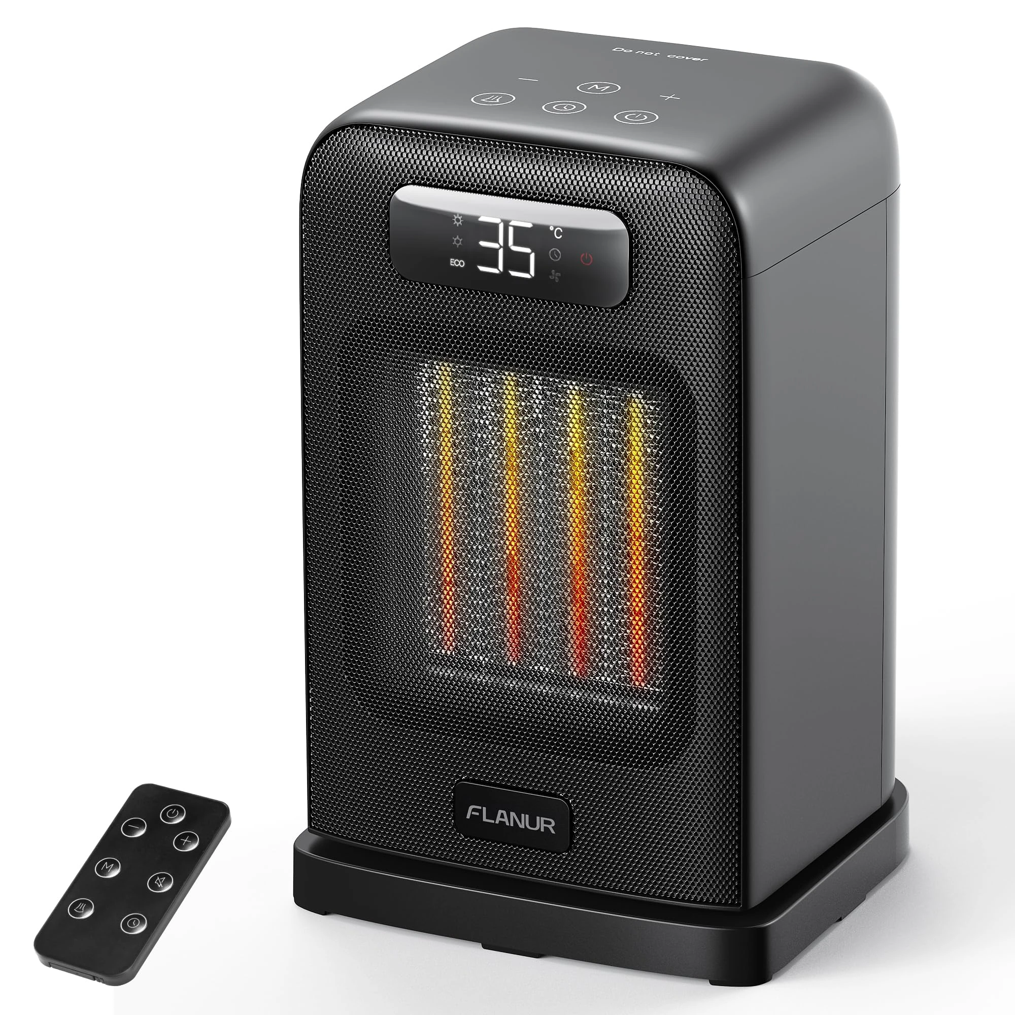 FLANUR Portable Space Heater with Thermostat, 1500W PTC Ceramic Fast Heating & ECO Mode - 2-in-1 Heater Fan, Remote, Digital Display, 12H Timer, Under 35dB Quiet Indoor Space Heater-Black