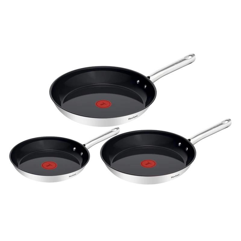 Tefal Duetto On G766S334 Set of 3 Frying Pans 20/24/28 cm Go Ceram Ceramic Non-Stick Coating, Thermal Signal, Riveted Handle, Suitable for All Hob Types, Stainless Steel