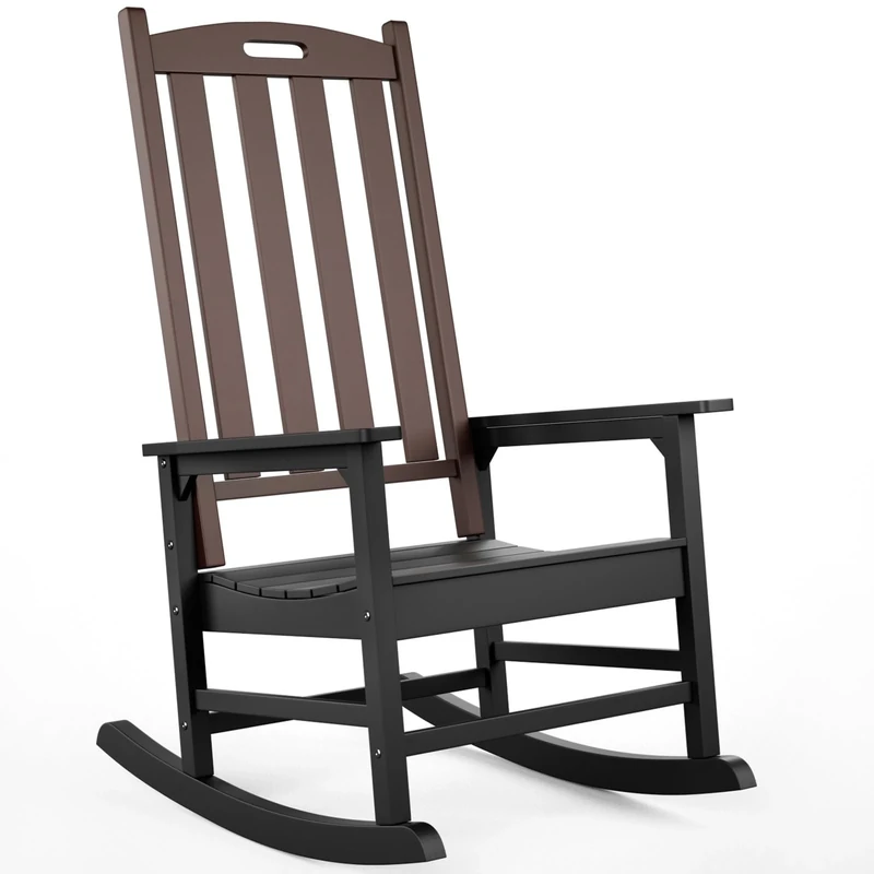 INVOKER Outdoor Rocking Chair, Waterproof Garden Lounge-Chair made from Polystyrene, Zero Gravity Garden Rocking Seat for Living Room, Balcony, Yard & Porch, Black & Brown