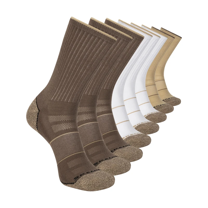 Skechers Men's 8-Pack Work Collection Crew Socks, Extended Cushion & Mesh Ventilation, Quartz Coffee/White/Khaki, 10-13