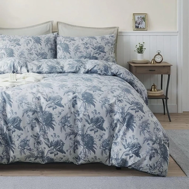 Cozaline 100% Cotton Duvet Cover Set Queen – Blue Grey Foliage Print Bedding Set 3 Pieces, Breathable Lightweight Comforter Cover with Zipper Closure, French Country Vintage Floral Bed Set