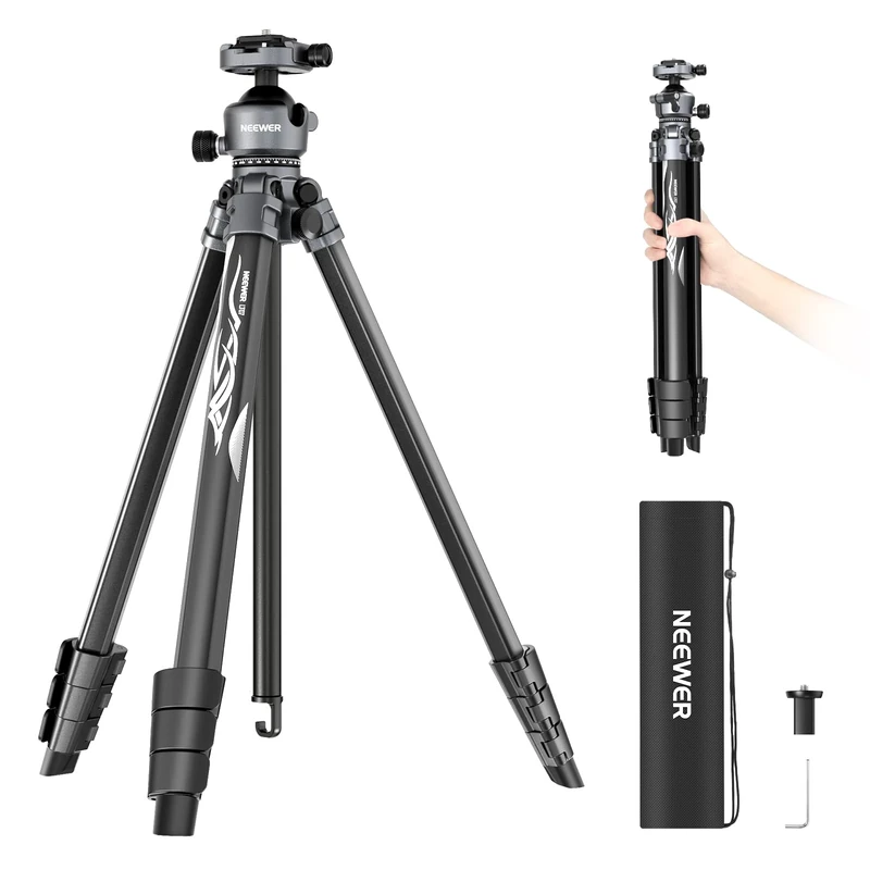 NEEWER LITETRIP LT07 61" Aluminum Travel Tripod Stand for Camera with Pan Tilt Low Profile Ball Head, Arca QR Plate Compatible with Peak Design Tripod Plate V3, Dual Center Axis, Max Load 22lb