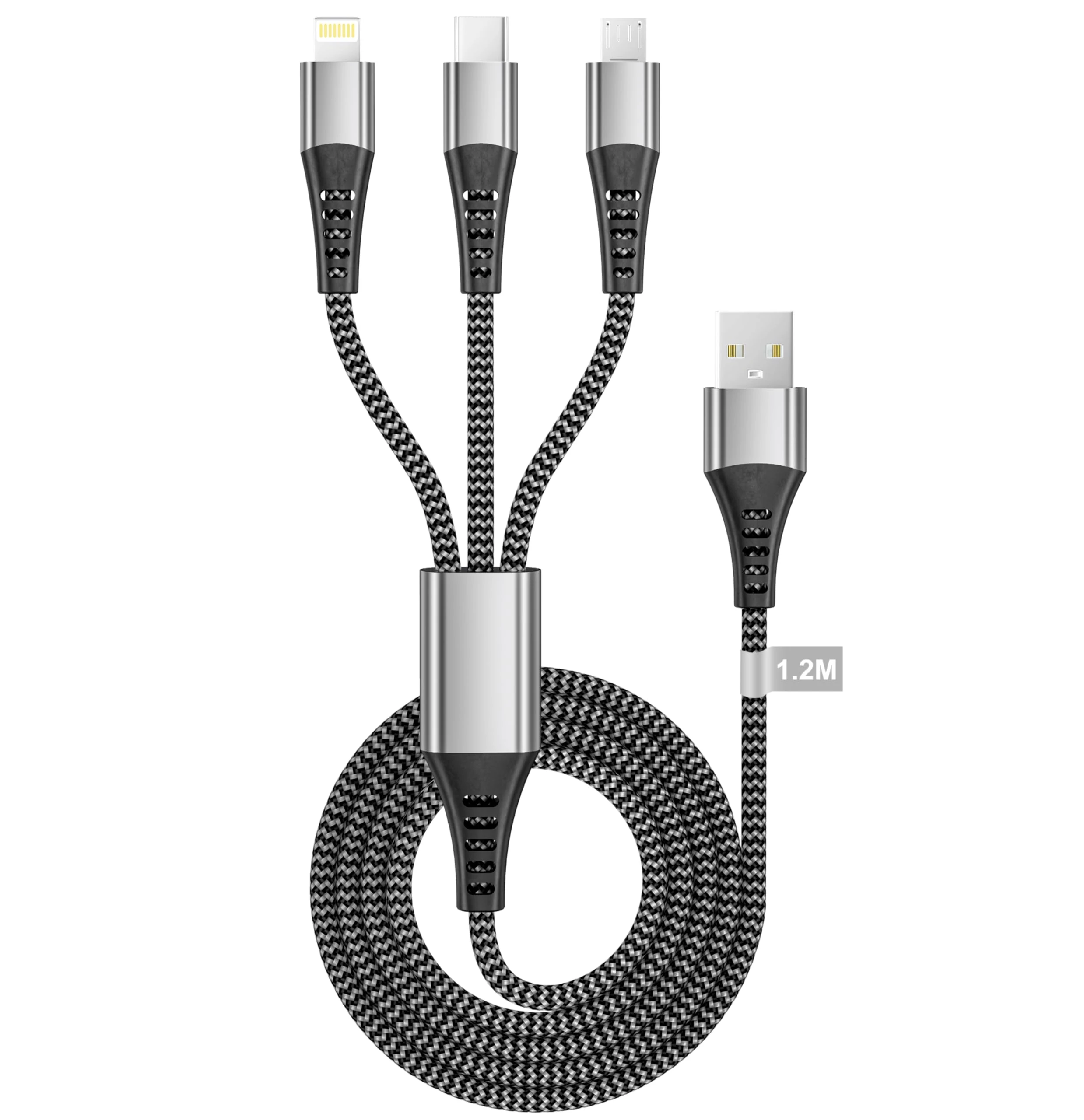 Multi Charger Cable 1.2M, 3 in 1 Charging Cable Nylon Braided USB Multi Charger Cable Lead with Micro USB Type C Lightning Cable Connector for iPhone 17,Android,Samsung Galaxy,Huawei,Oneplus,LG,Xiaomi