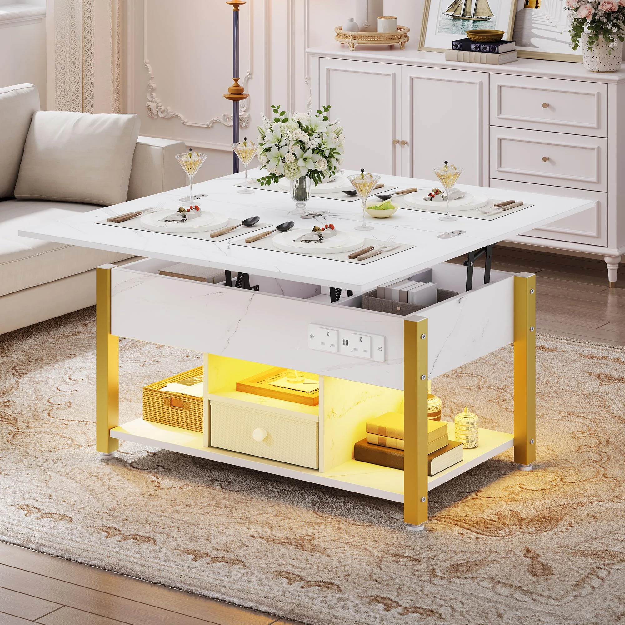 YITAHOME Folding Lift Top Coffee Table with Drawer, 4-in-1 Convertible Table with Storage Space and Type-G Outlets, Multi-Color LED Lighting with Music Mode for Living Room, Dining Room, White Marble