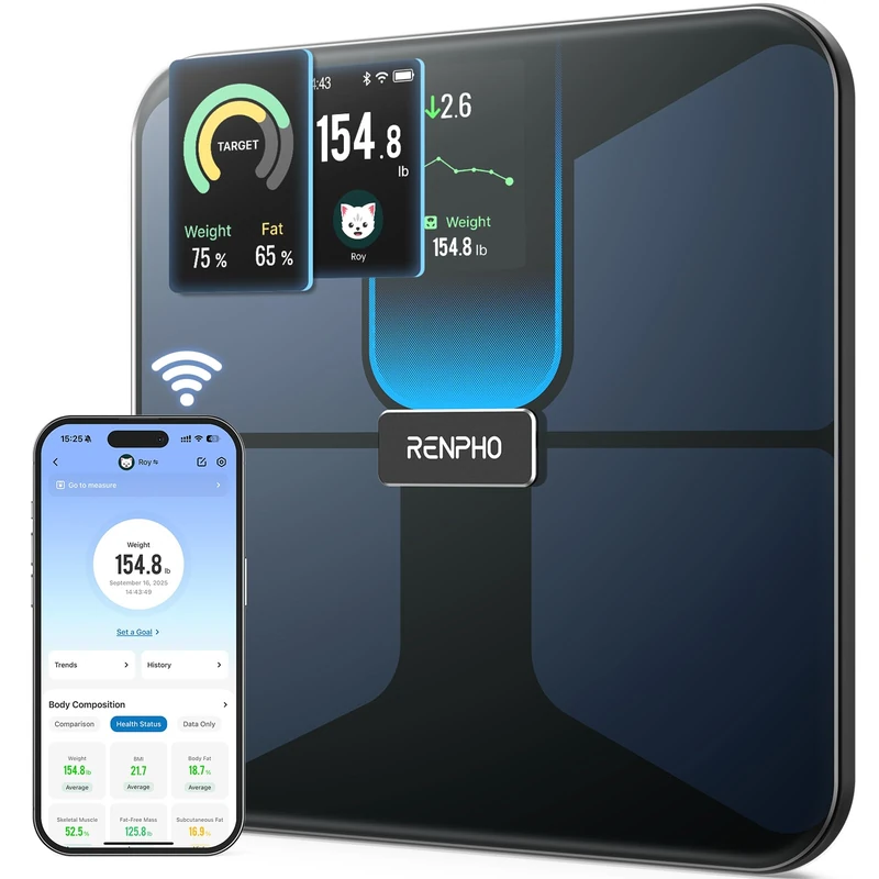 RENPHO Smart Scales for Body Weight with 18 Metrics, Body Fat Scale with TFT LCD, Wi-Fi Scale with BMI, Body Fat, Muscle Mass, Rechargeable, Elis Nova
