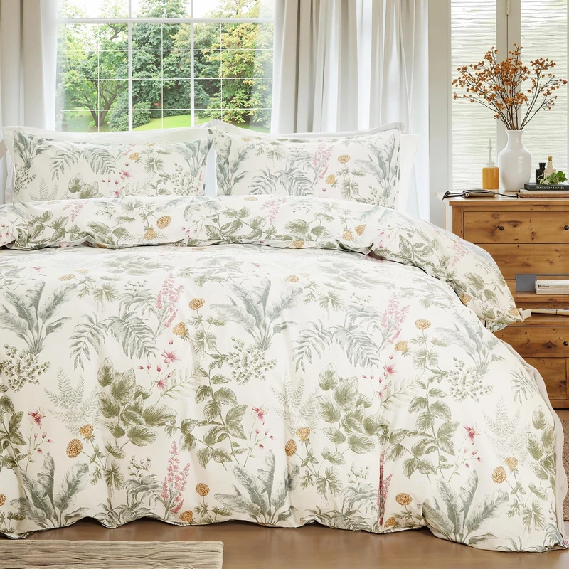 Cozaline 100% Cotton Duvet Cover King Size Sage Green Floral Bedding Set Reversible Botanical Comforter Cover 3 Pcs Vintage Cottagecore Aesthetic Soft Bedding Sets for All Season